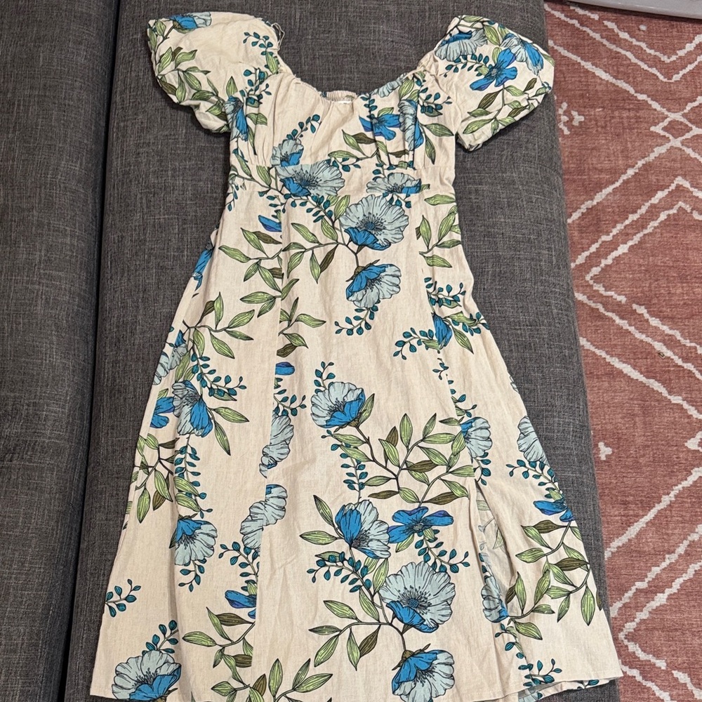 Tulip Creation Linen Blend Floral Puff Sleeve Midi Dress Cottagecore Boho M